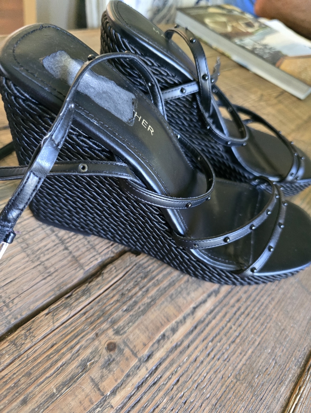 Marc Fisher Black Studded Strappy Wedge Sandals 8.5M - Picture 5 of 7